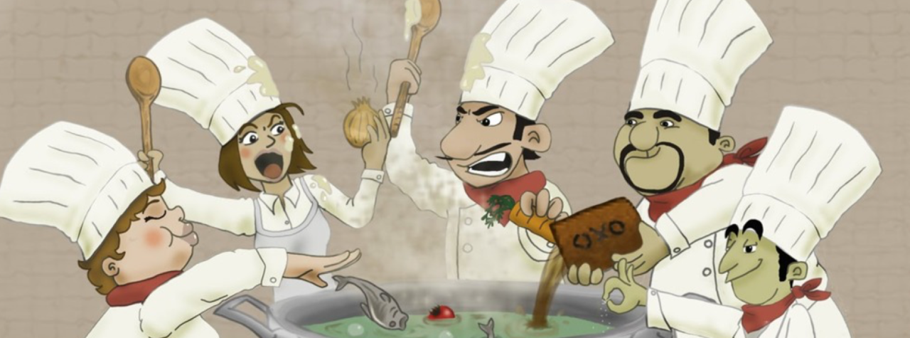 several cooks fighting over making soup