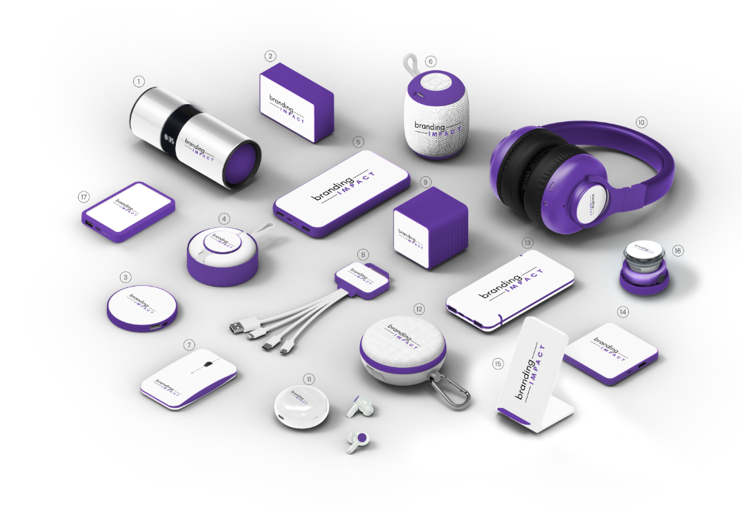Collection of electronic gadgets and accessories branded with 'branding IMPACT' in white, purple, and black colors, including a speaker, headphones, power bank, charging cables, and various small tech devices.