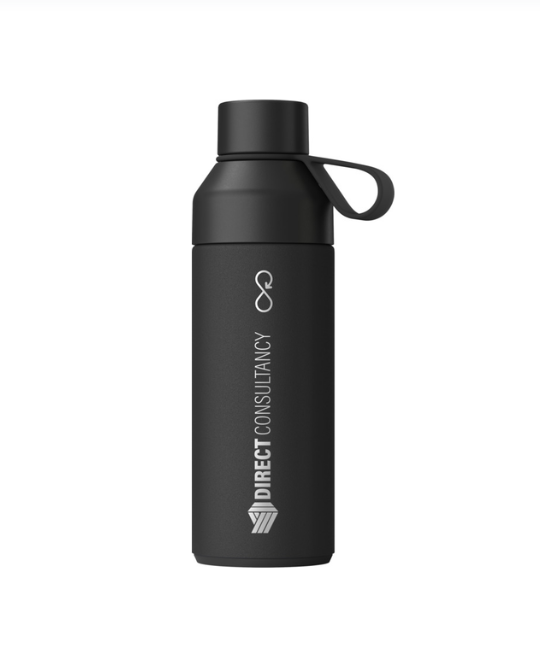 Black reusable water bottle with loop handle and logo