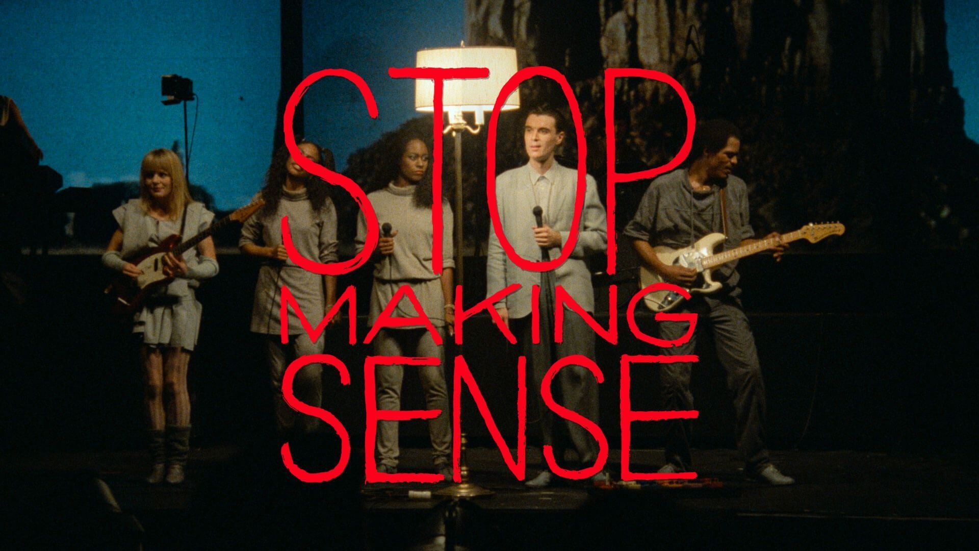 Musical performance scene with "Stop Making Sense" text overlay.