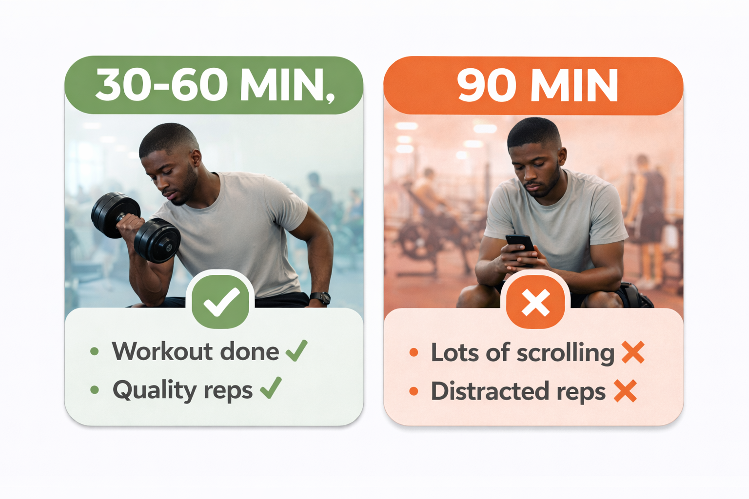 a man working out vs a man scrolling on his phone at the gym