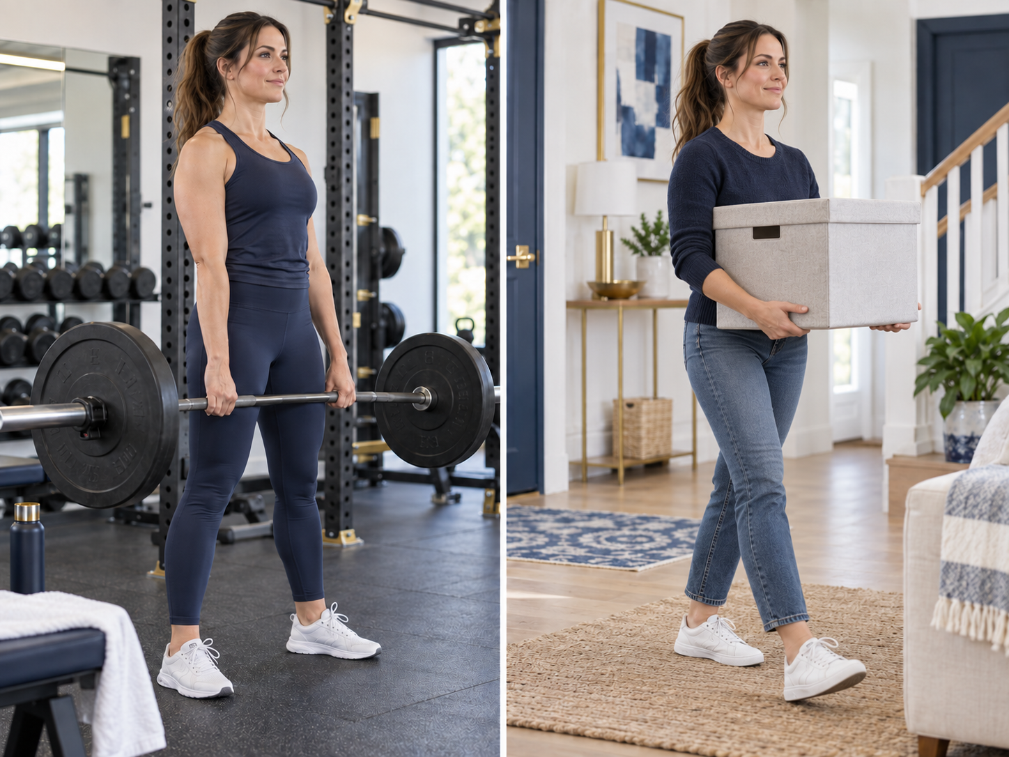 woman lifting weights and a box easily