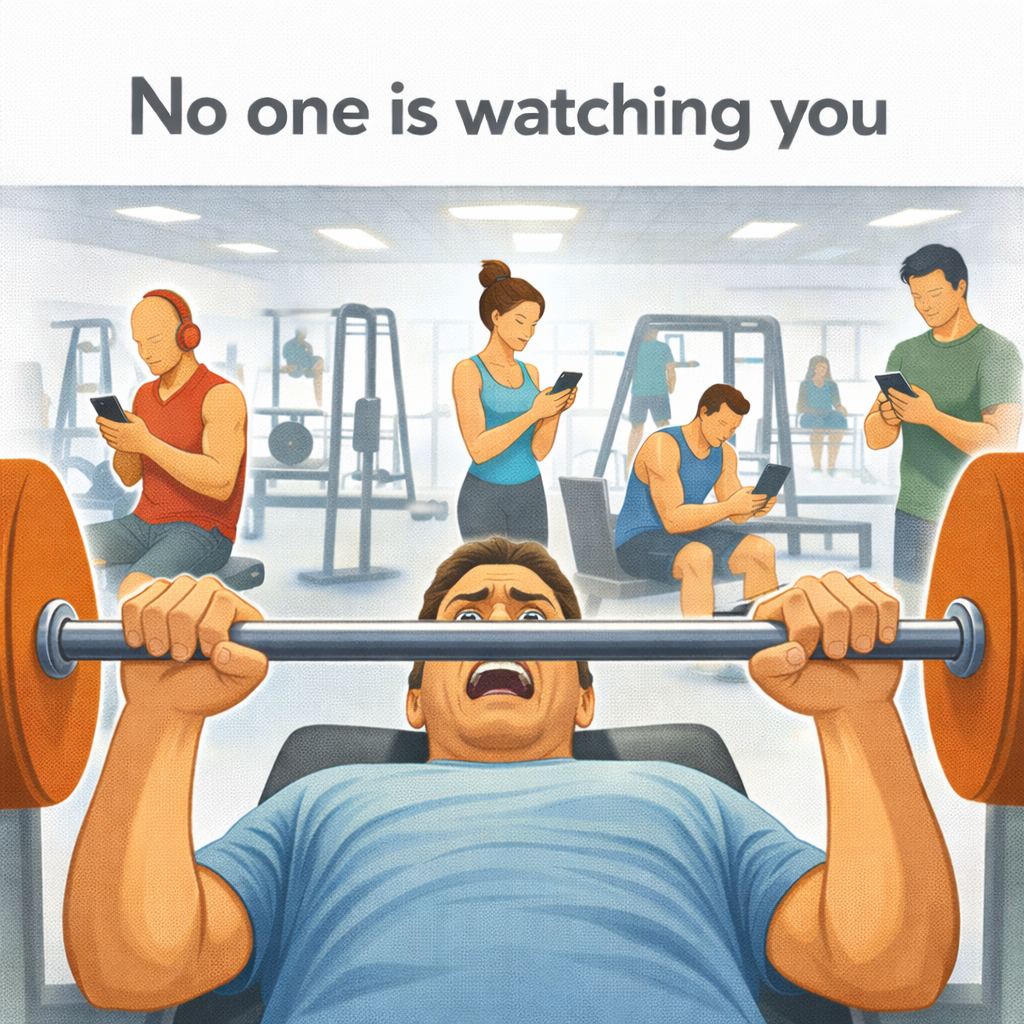 man stuck under a barbell at the gym