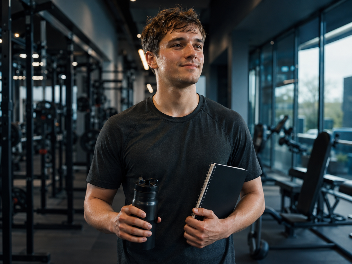 man looking proud after workout holding notepad and bottle