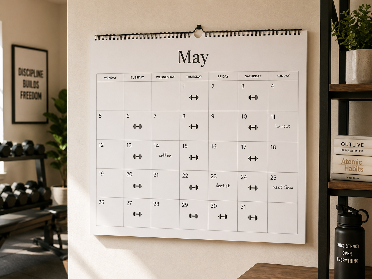 a calendar showing gym sessions planned in