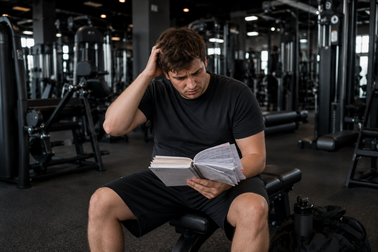 man sat in a gym confused looking as a messy notepad