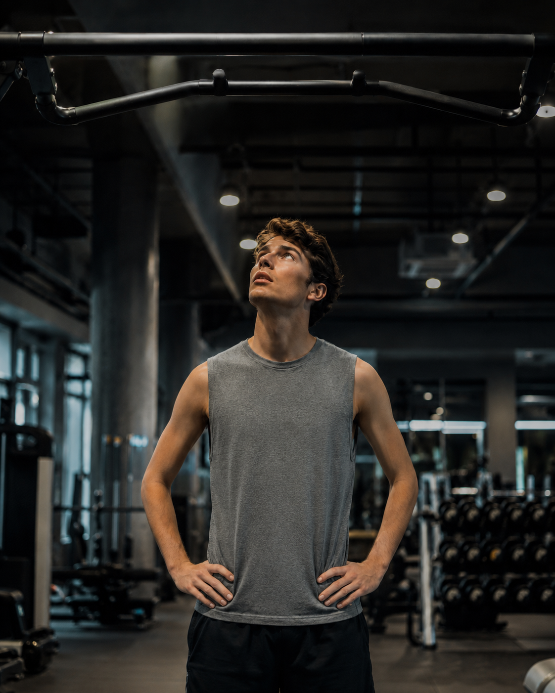 man looking up at a pull-up bar