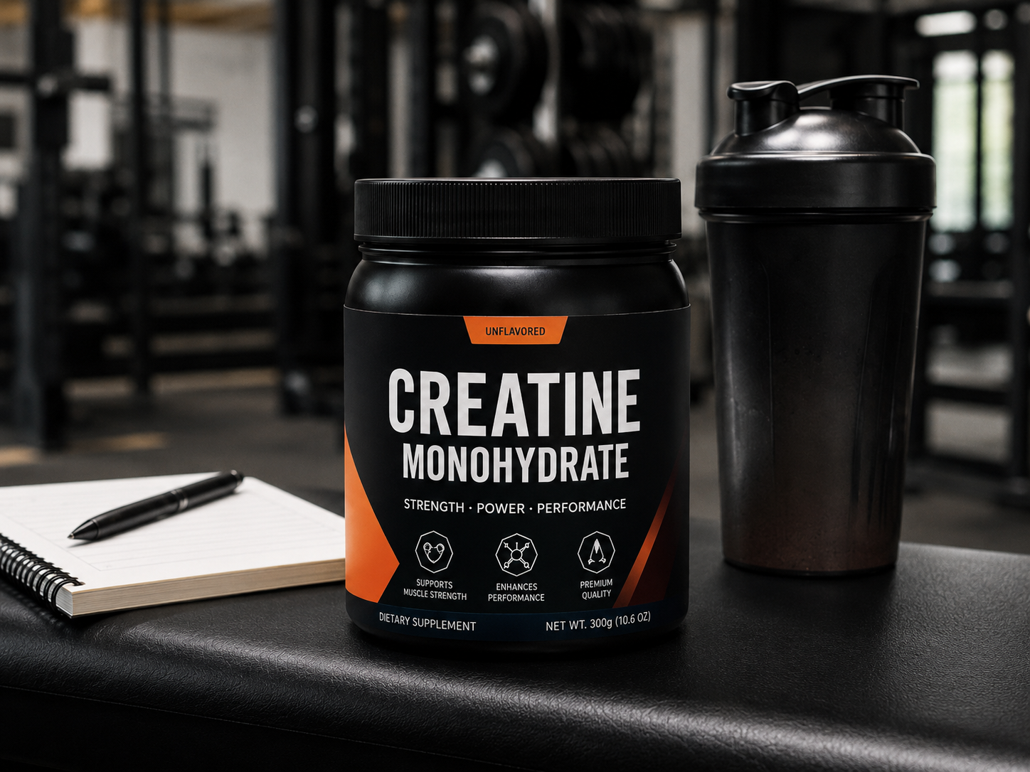 a tub of creatine monohydrate next to a water bottle and a notepad