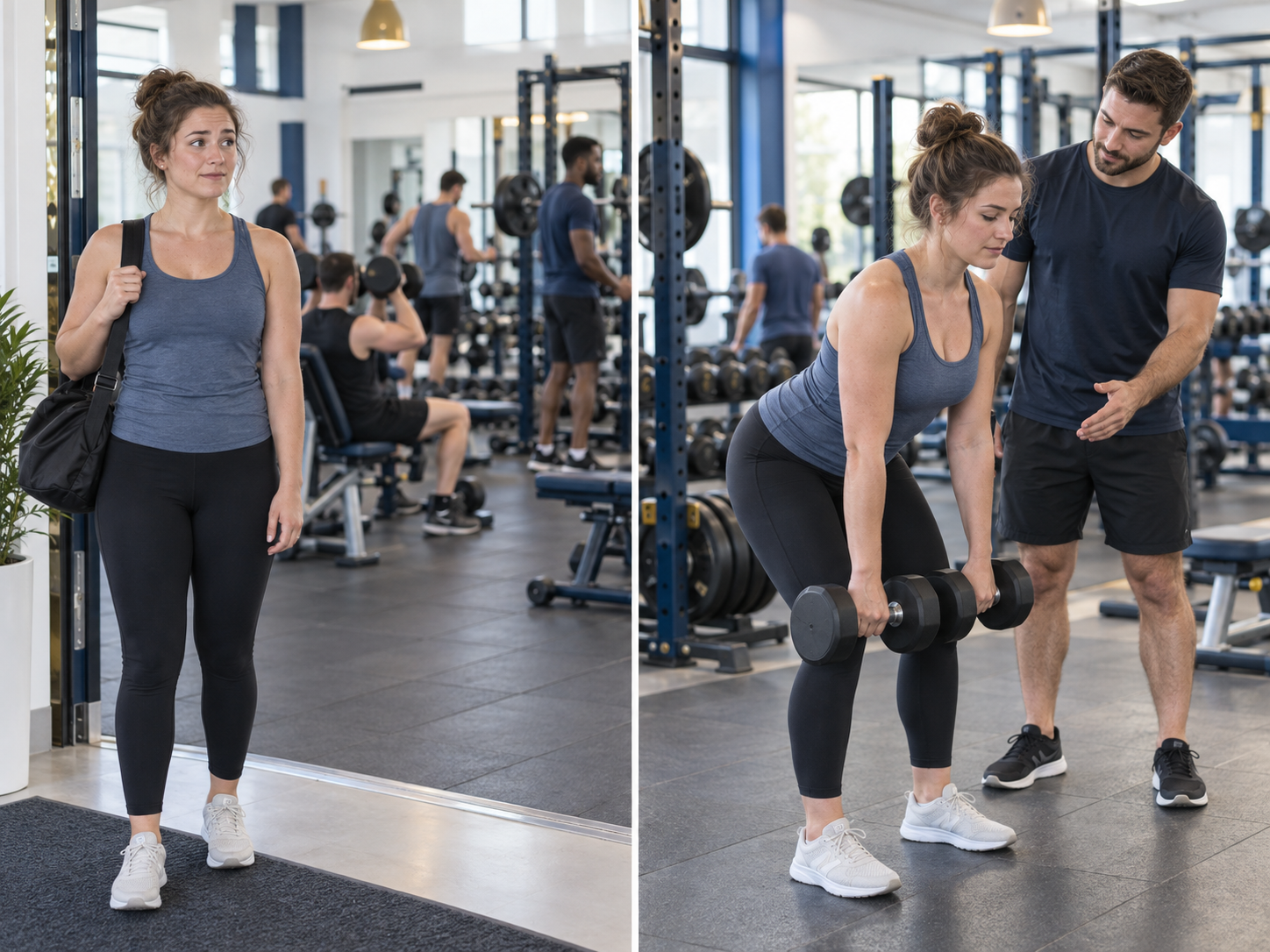 Personal trainer helping a woman with RDLs