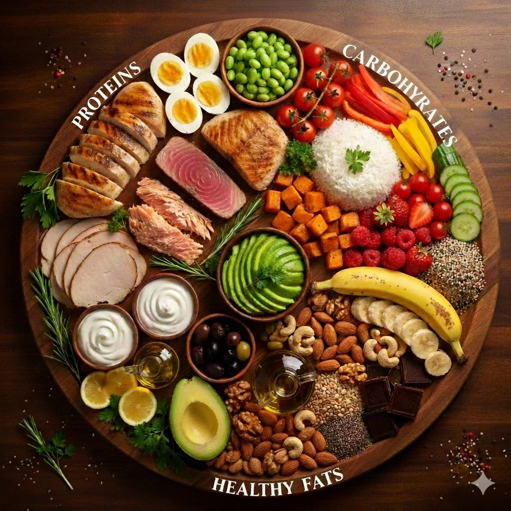 healthy food platter containing fats, carbohydrates and proteins