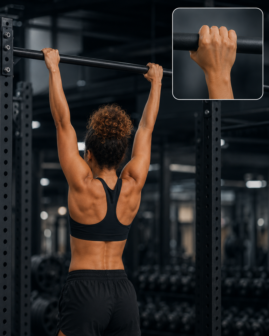 woman gripping bar for a pull-up