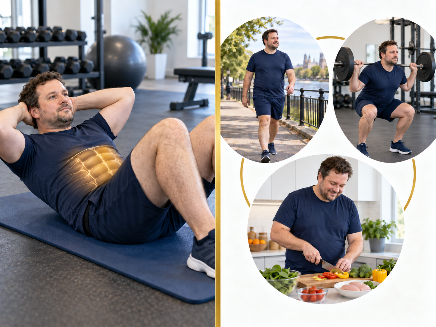 man doing sit ups vs walking, eating correctly and strength training