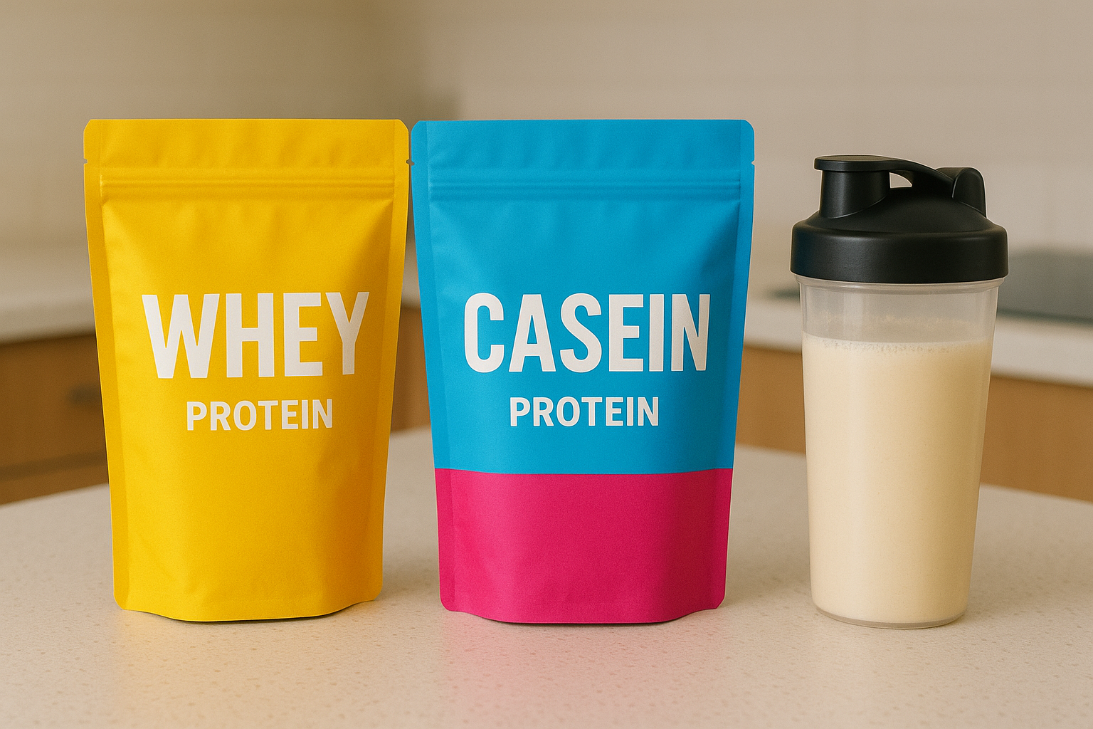 Whey and Casein protein powder next to a protein shake