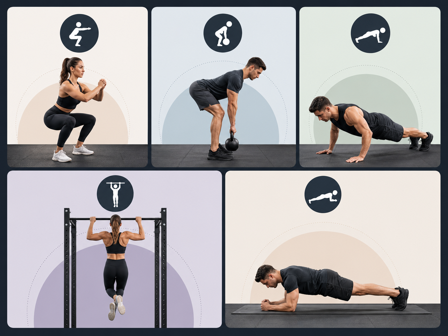 5 key movement patterns. Squat, hip hinge, push, pull and core
