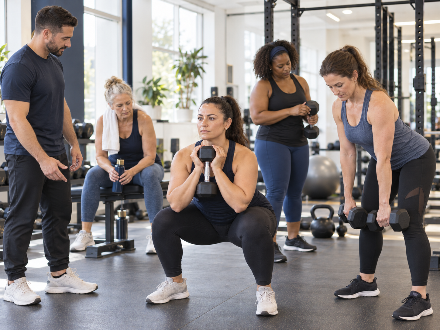 women working out with a PT helping