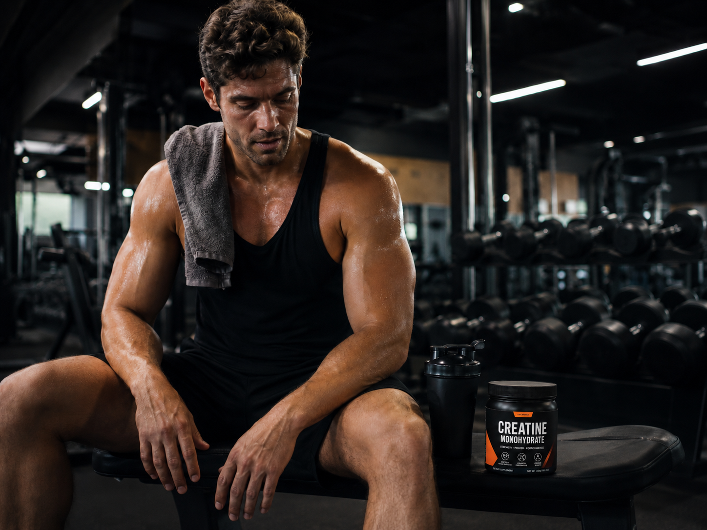 sweaty man finished workout sat next to creatine