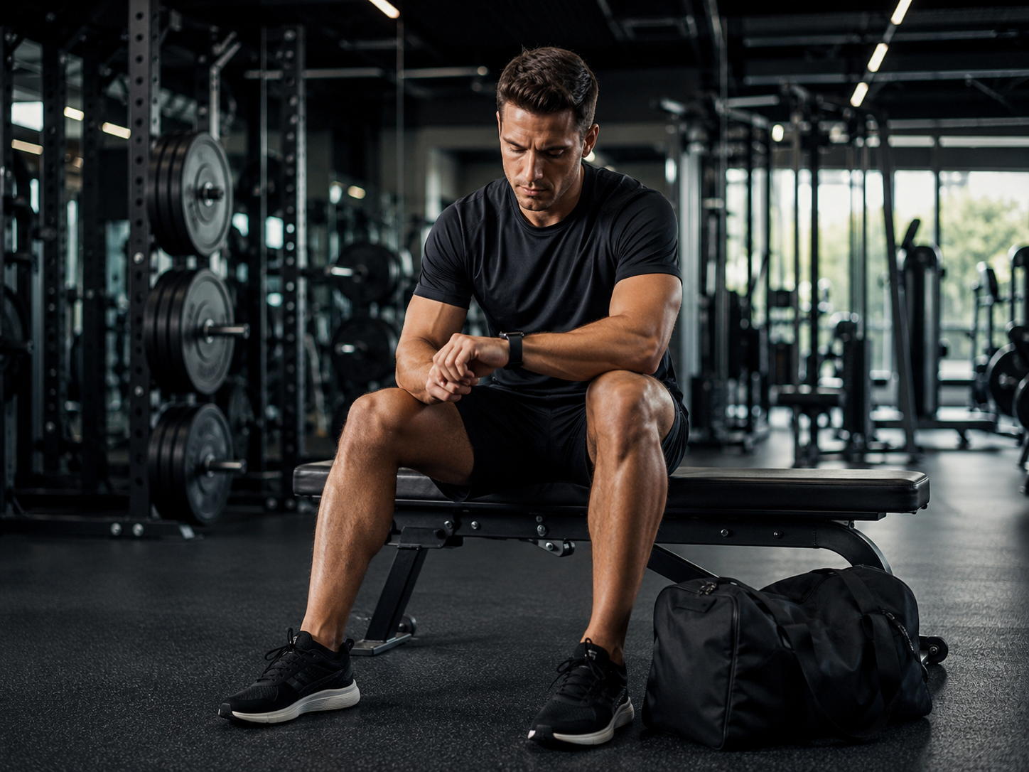 man in a gym wearing black checking his watch for the time