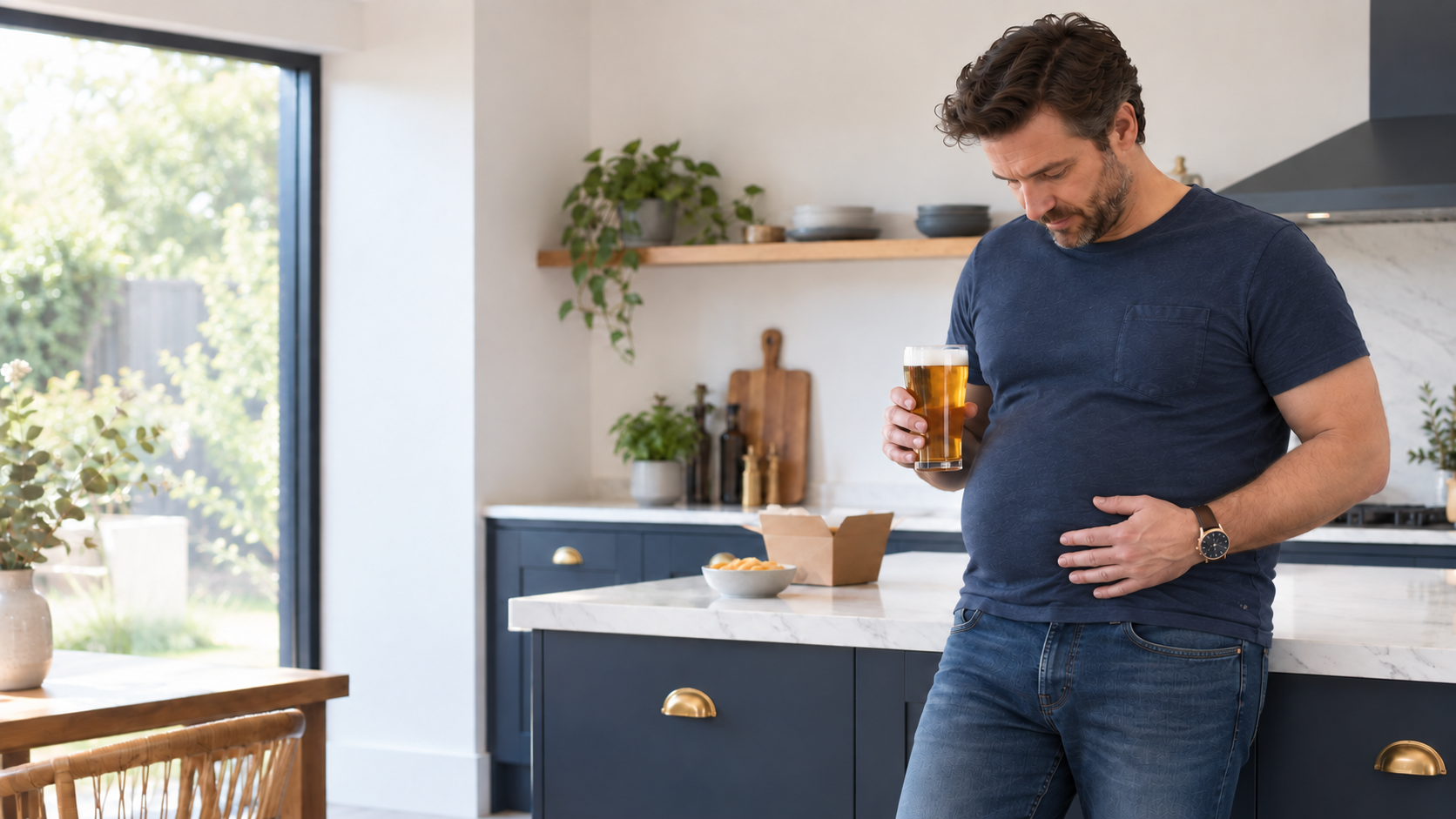 overweight man holding a pint of beer