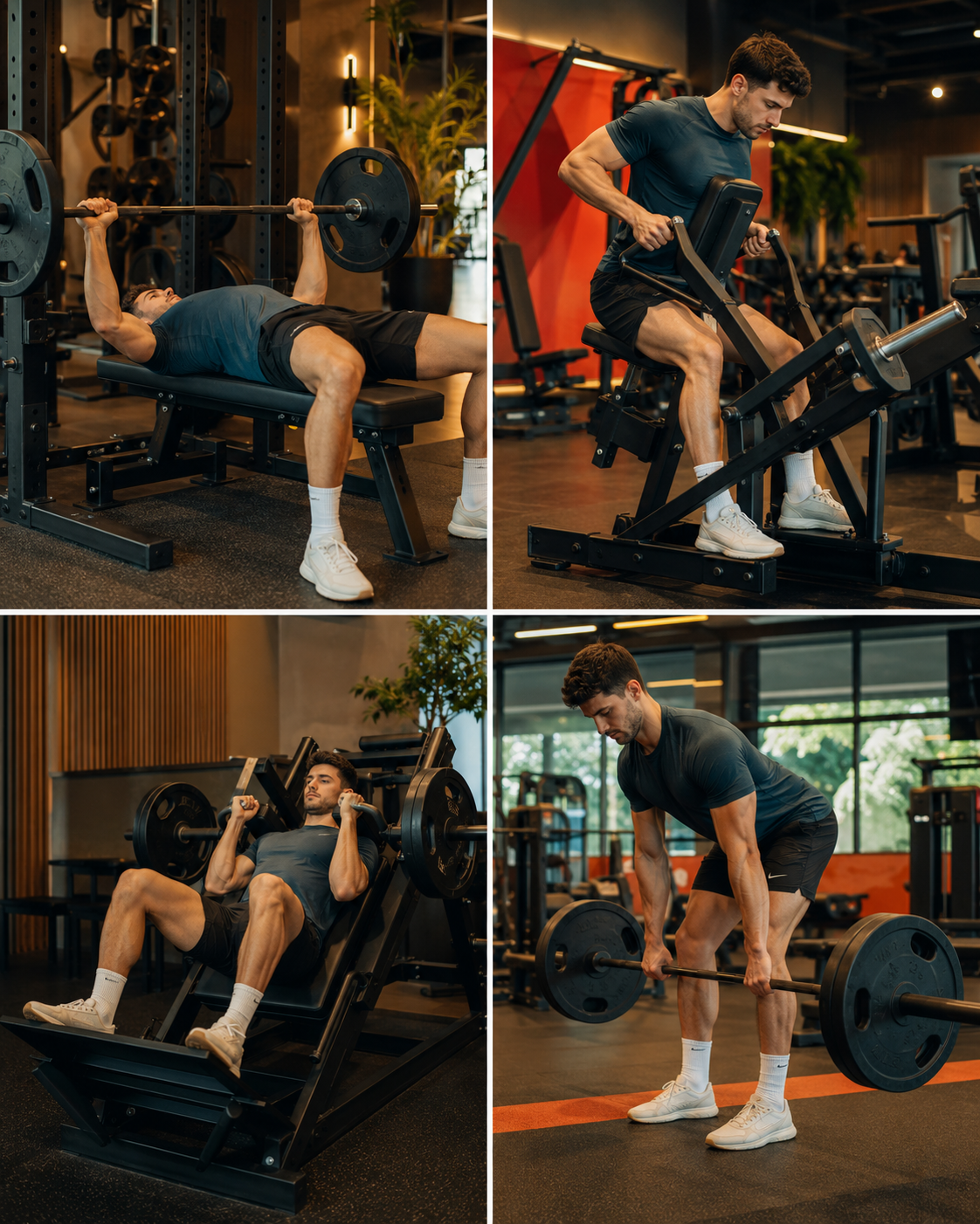 a man performing bench press, a row, hack squat and romanian deadlift
