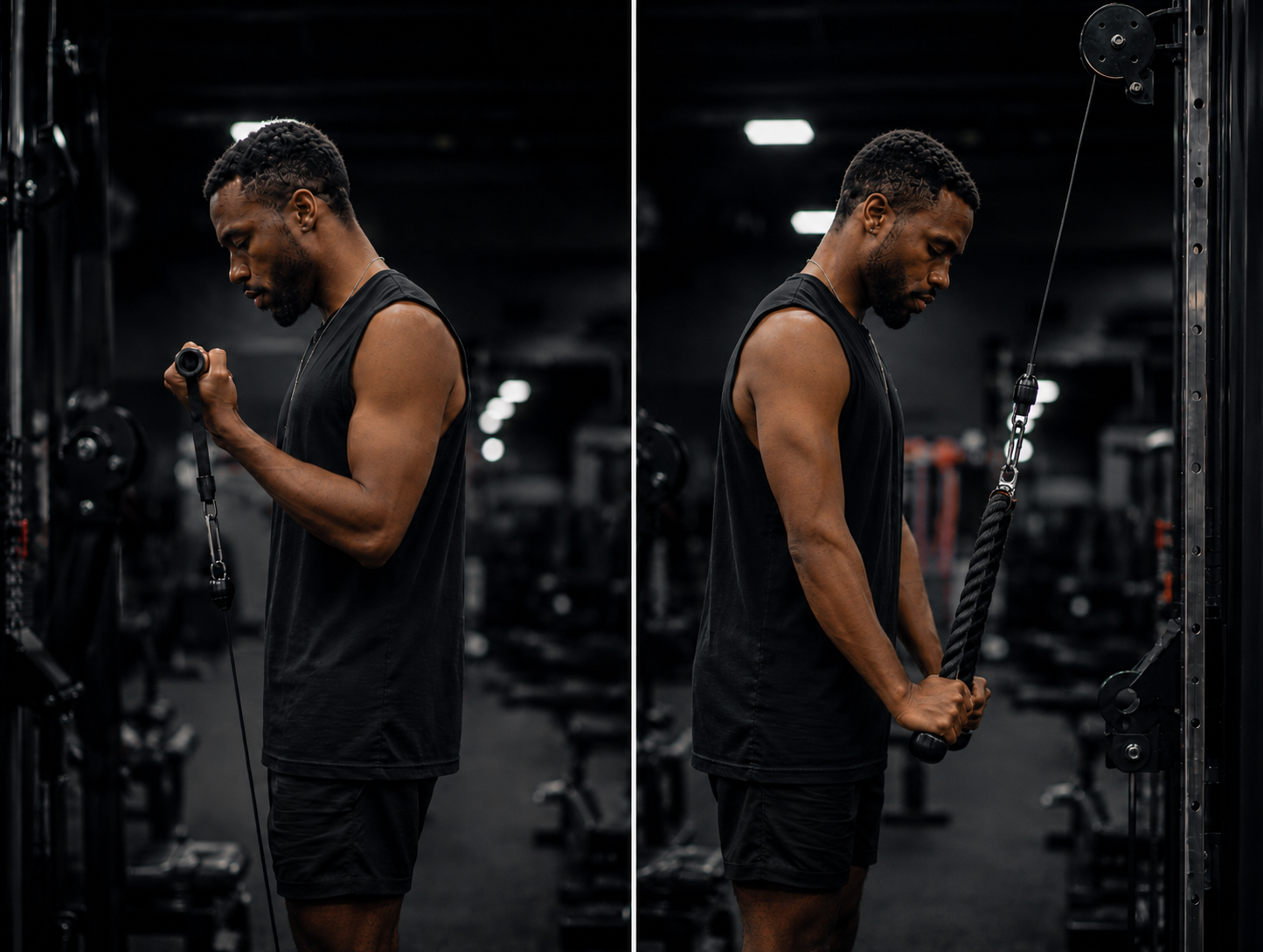 man performing cable bicep curls and tricep extensions
