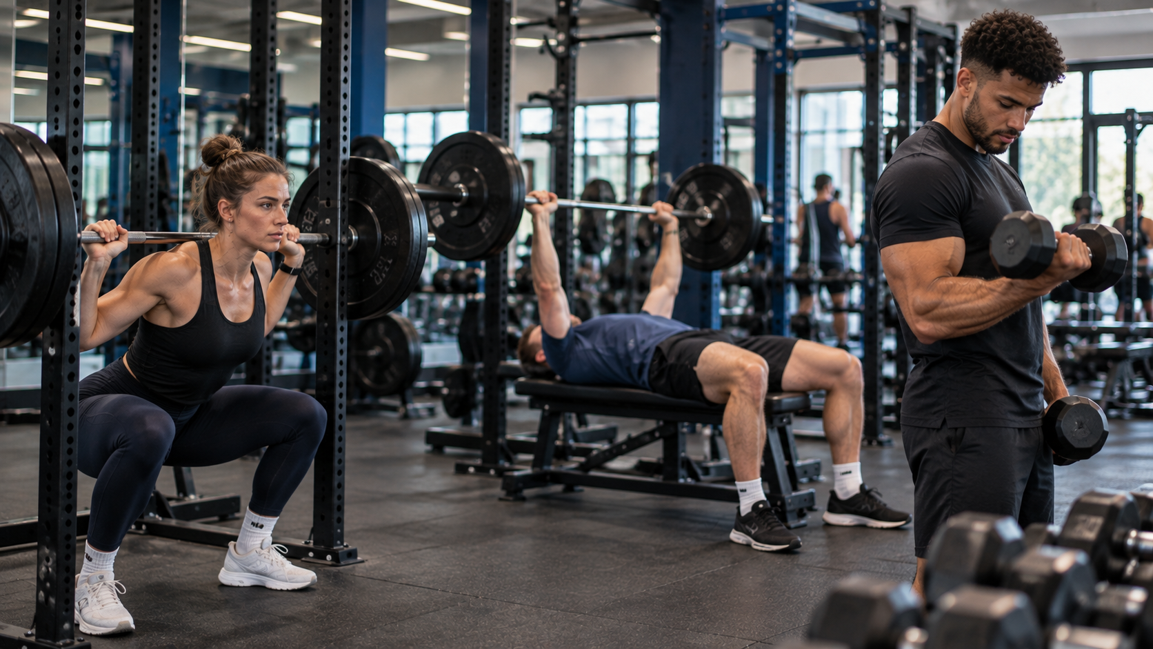 3 images showing a squat and a bench press and a bicep curl