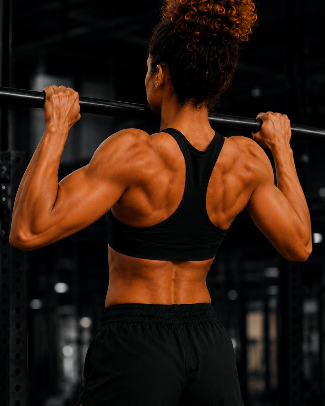 woman at the top of a pull up with chin above the bar