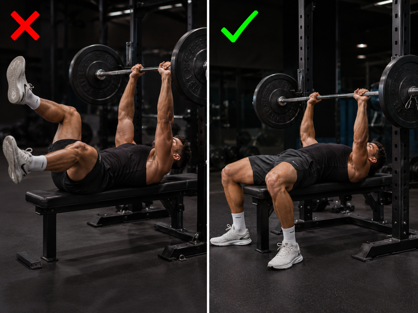 over the top bad bench press form vs good form