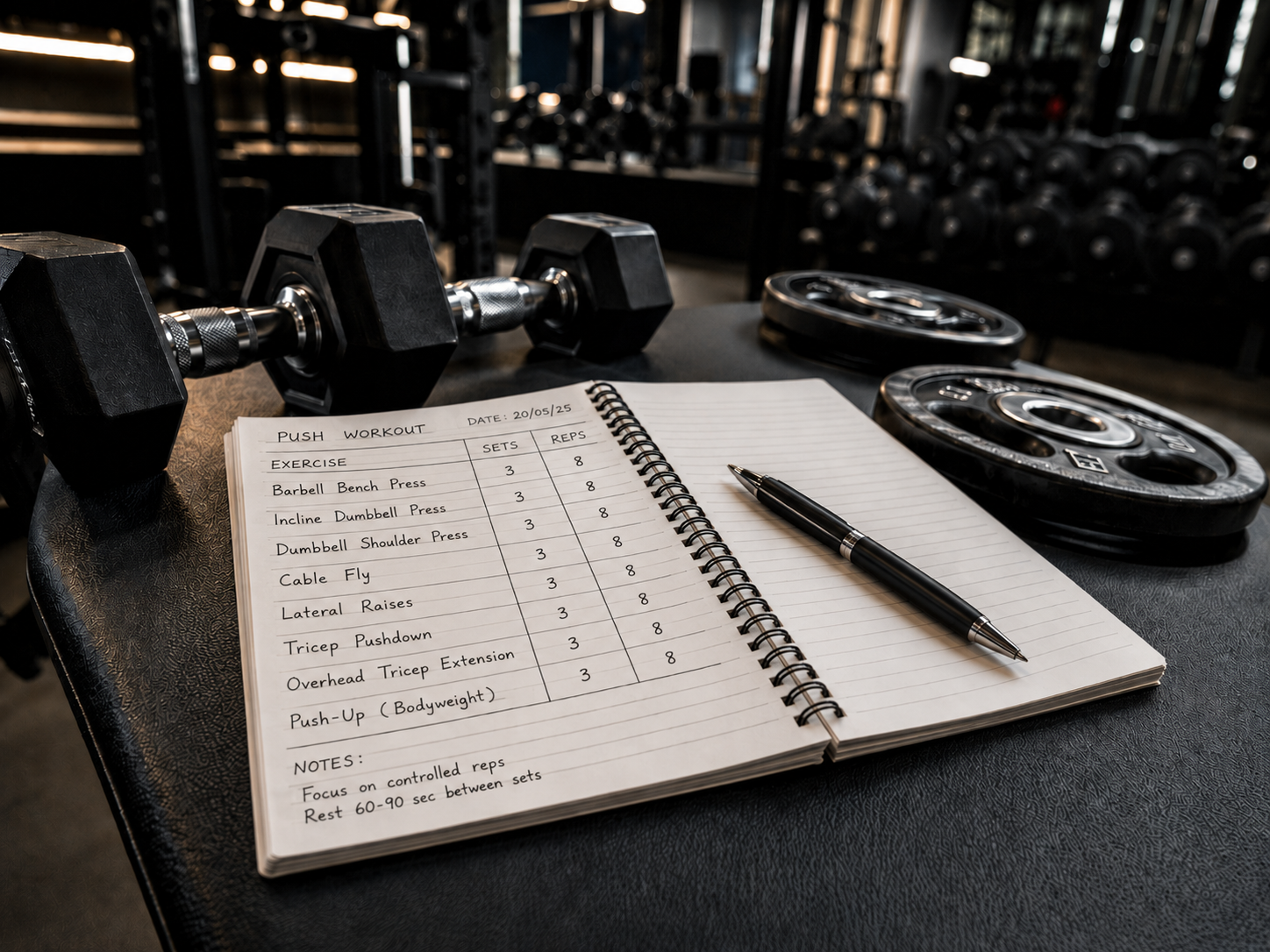 notepad showing a gym workout