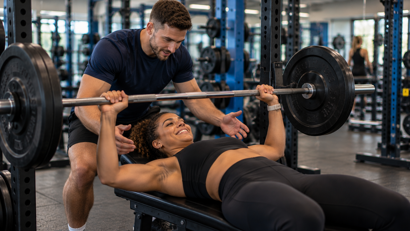 woman performing bench press spotted by a male personal trainer
