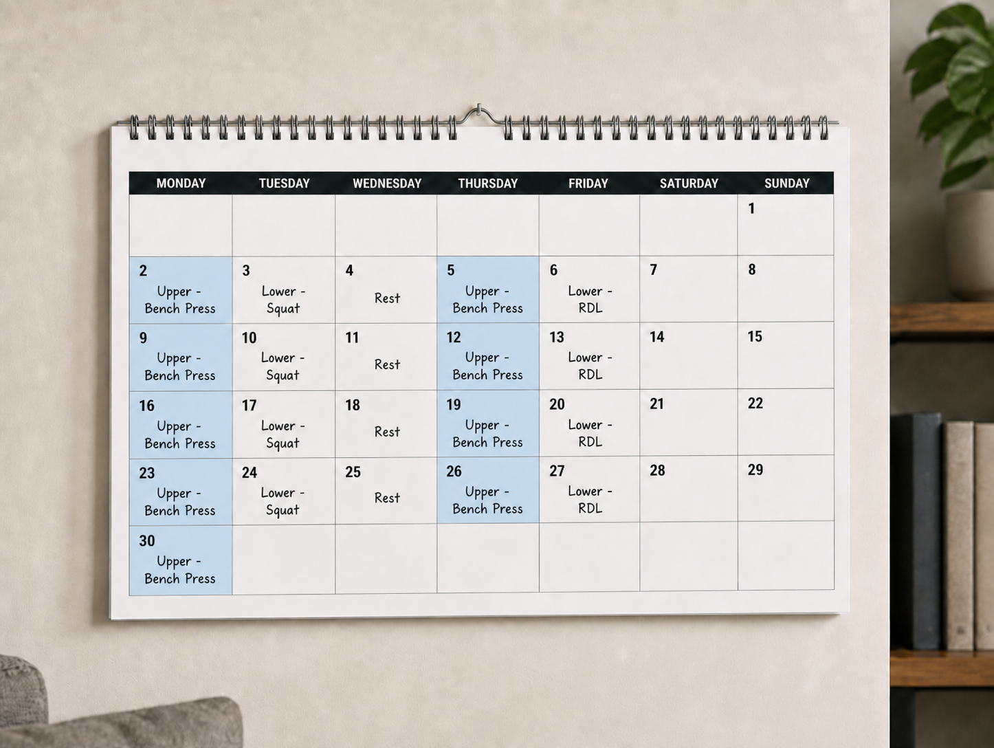 calendar showing workout split - bench focused