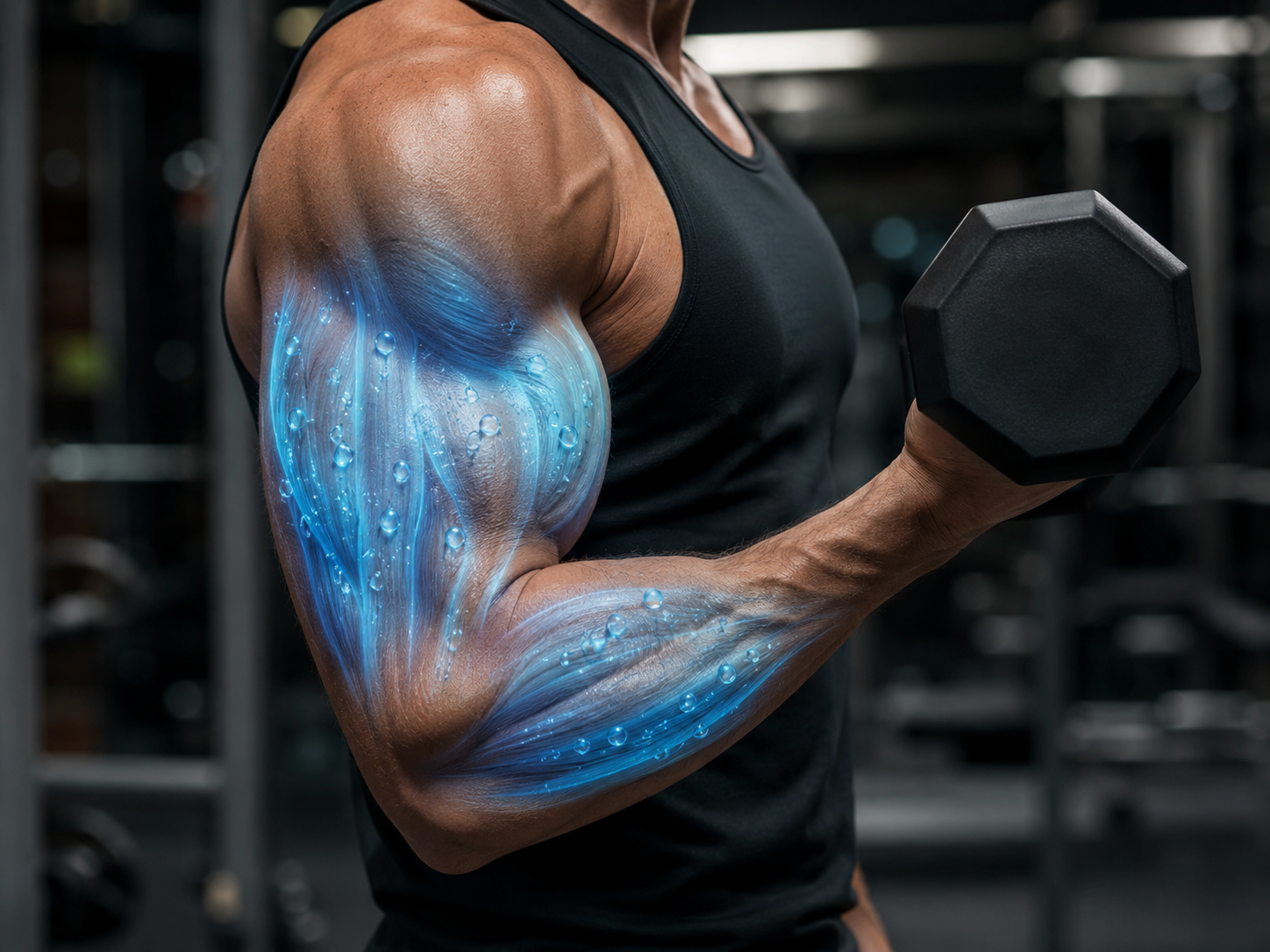 man bicep curling with water showing inside his bicep tricep and forearms