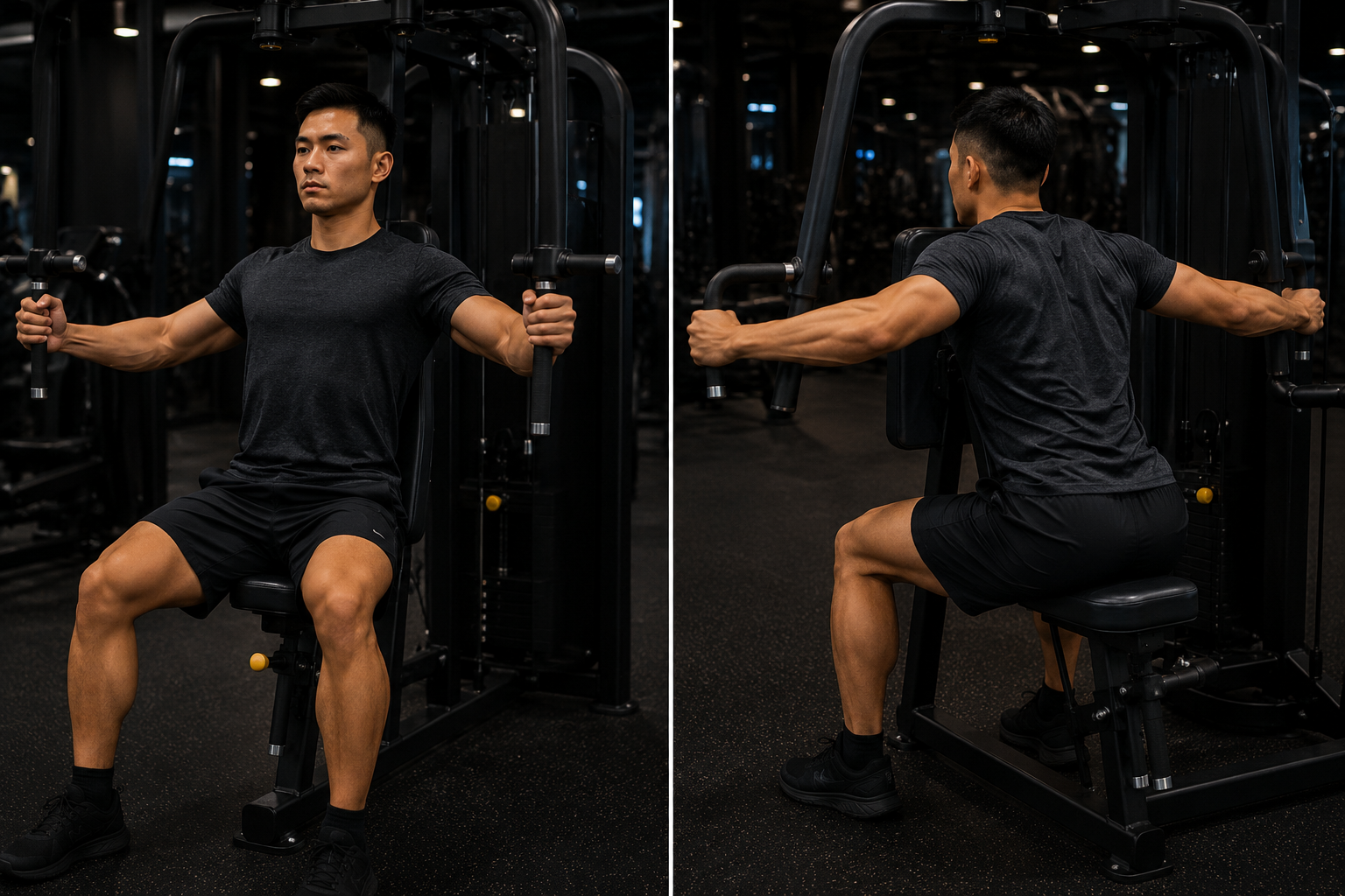 man performing a chest fly on a machine and a rear delt fly