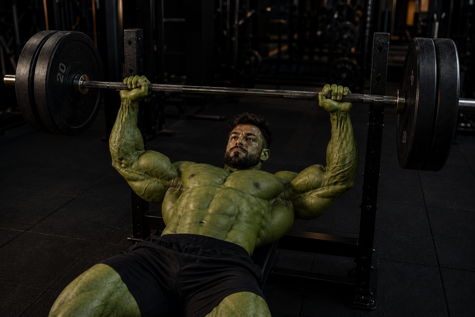 a man resembling the incredible hulk bench pressing 100kg