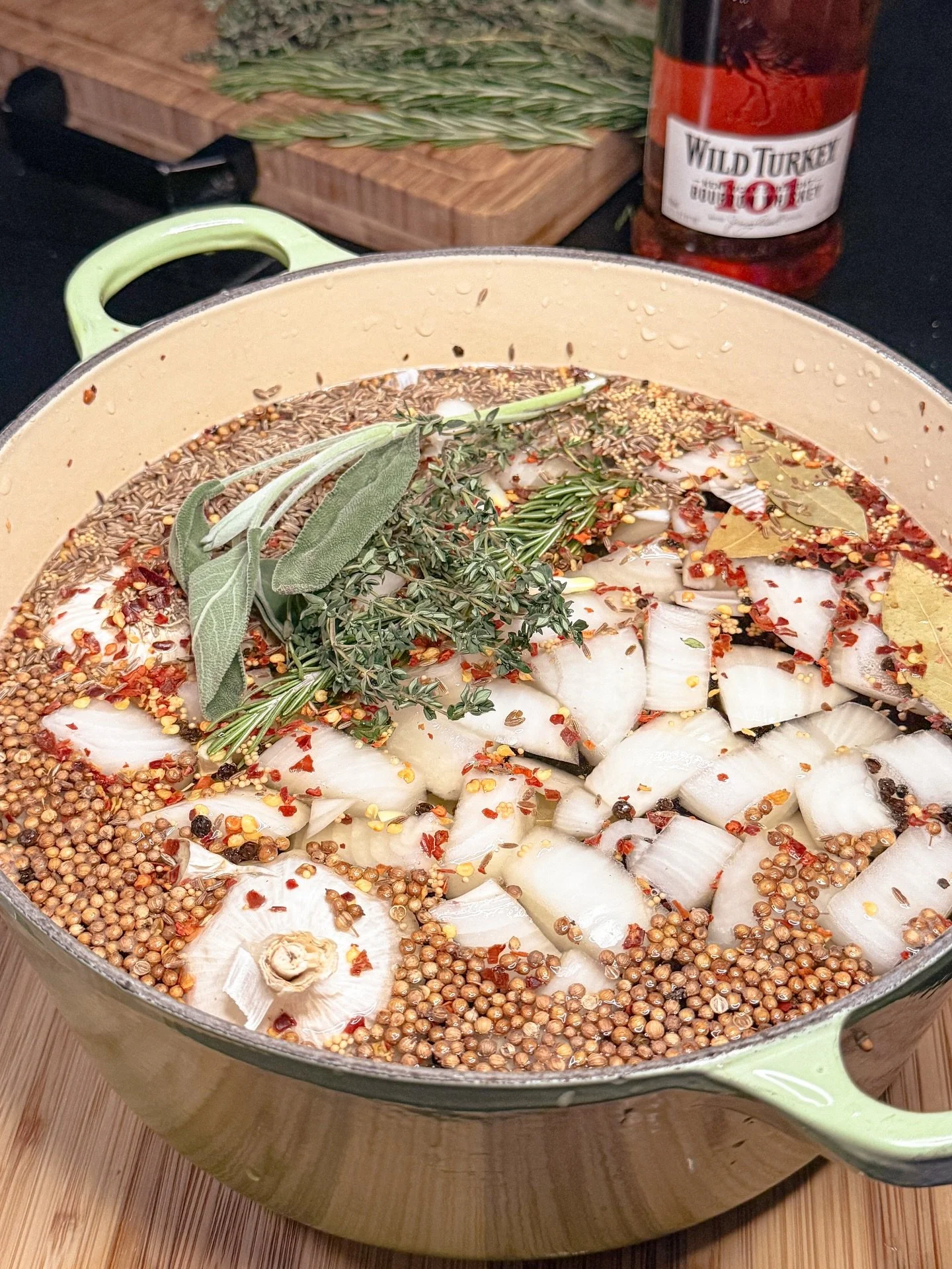 Aromatics tell the truth long before the turkey hits the brine. Coriander, cumin, rosemary, sage, thyme, peppercorn, onion. Heat unlocks everything.

Thanks again to ChefBarkeep for the original Lock in the Love brine that inspired this whole system.