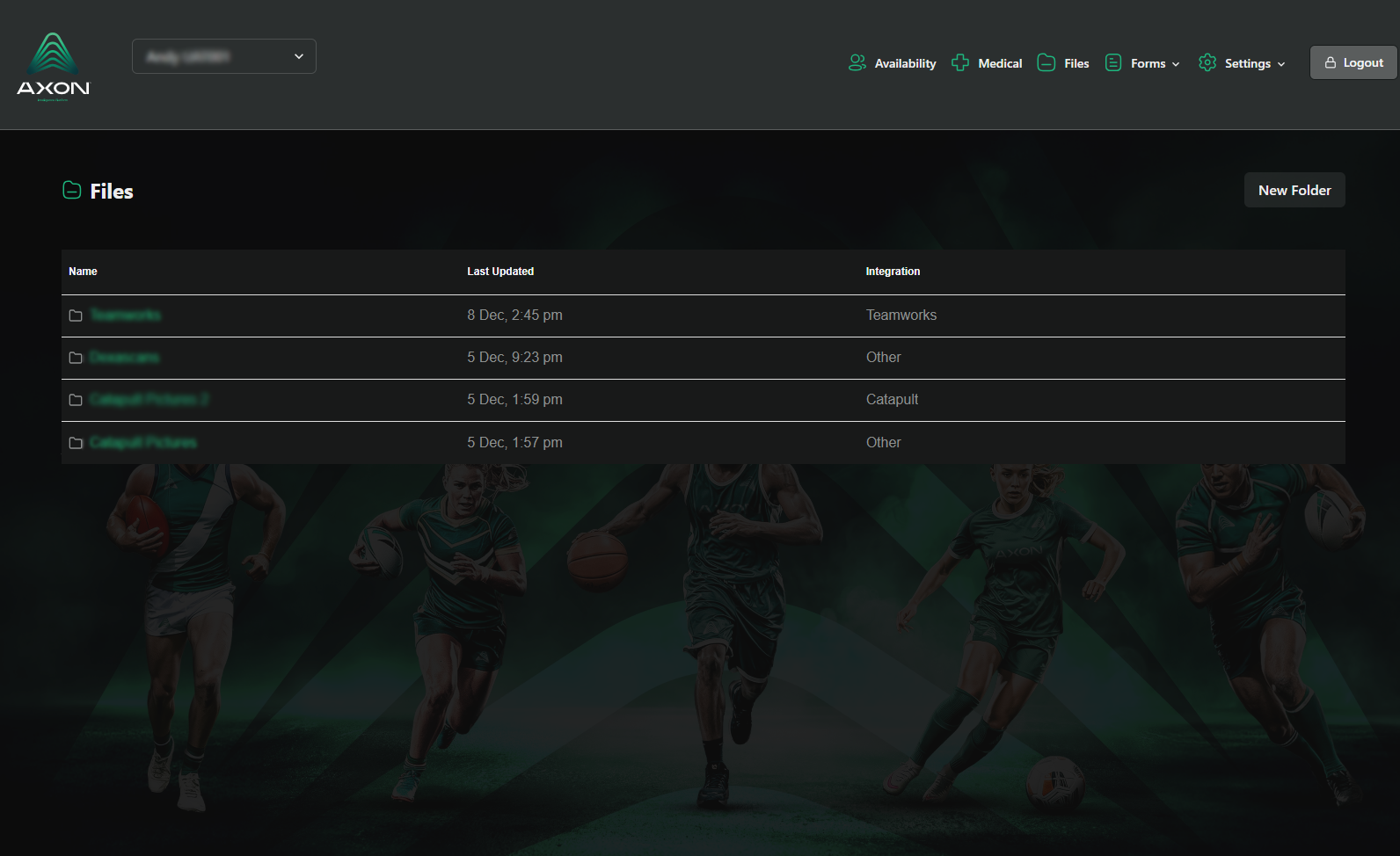 Screenshot of a digital platform with a dark theme, displaying a background image of five female rugby players in green jerseys running with rugby balls, overlaid with a file directory and navigation menu.