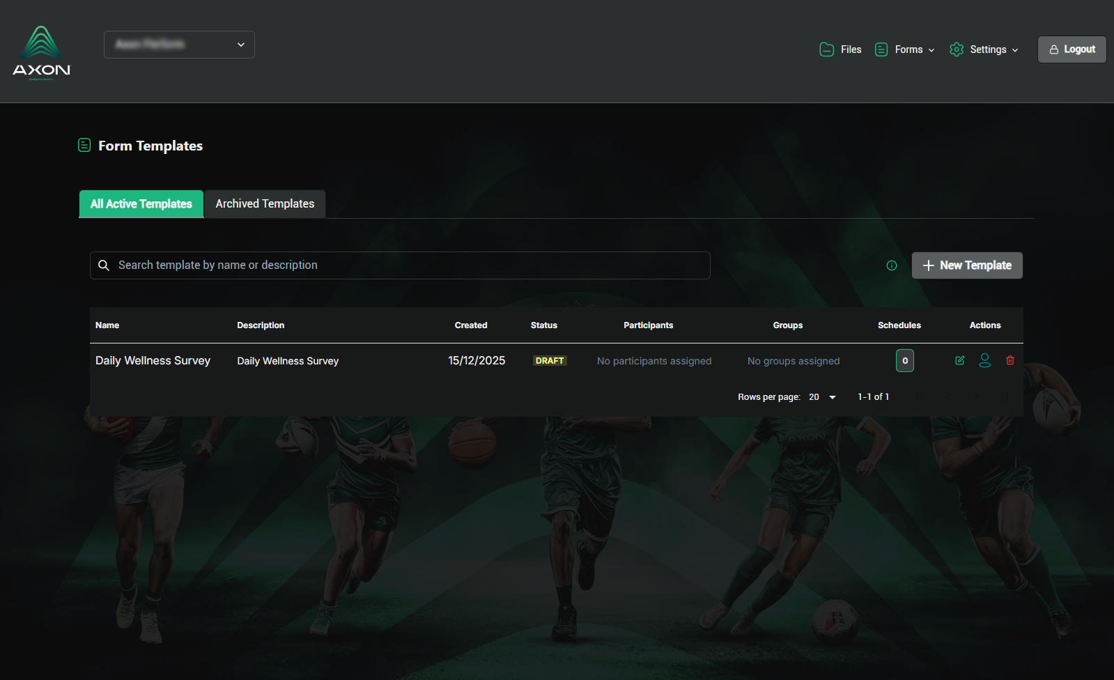 Screenshot of a web application with a dark background, displaying a list of form templates. The visible template is named "Daily Wellness Survey," created on 15/12/2025, marked as "DRAFT," with no participants or groups assigned. The interface includes options for files, forms, settings, and user logout, with a background image featuring athletic people running with sports balls.
