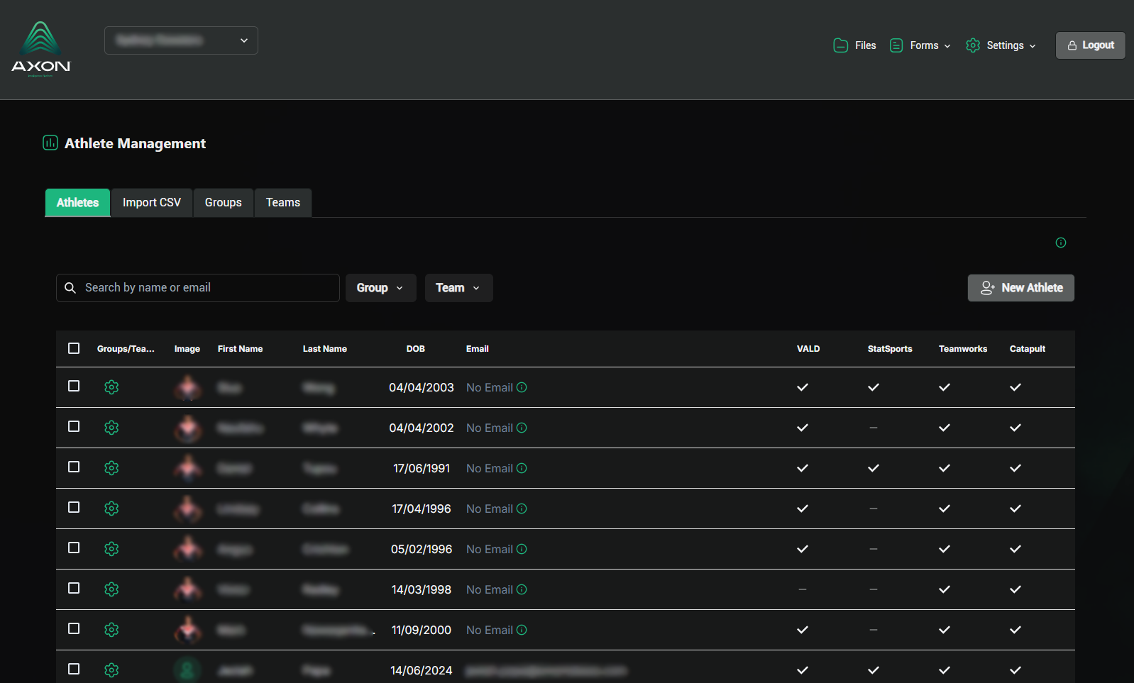 Screenshot of athlete management software showing a list of athletes with their photos, names, dates of birth, email statuses, and team associations.