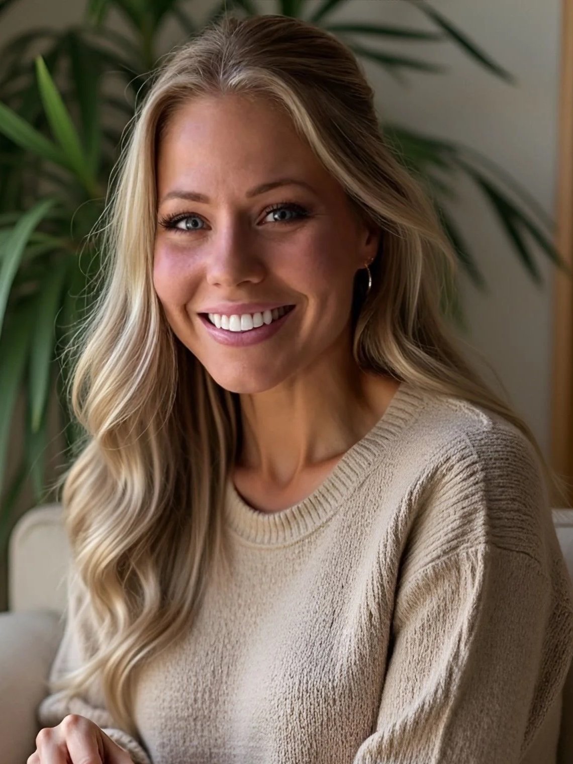 A female psychotherapist with long blonde hair and blue eyes smiling, seated indoors near a green plant, wearing a beige knit sweater.