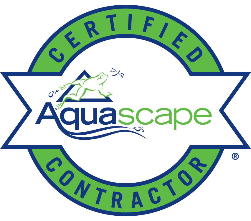 Certified Aquascape Contractor logo featuring a frog with a dragonfly, water, and green and blue color scheme.
