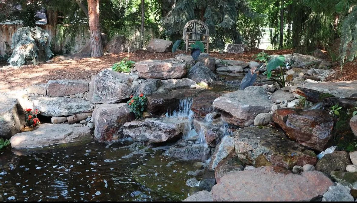A backyard garden features a small pond with waterfalls, surrounded by large rocks and greenery. There is a decorative chair in the background among trees and shrubs.