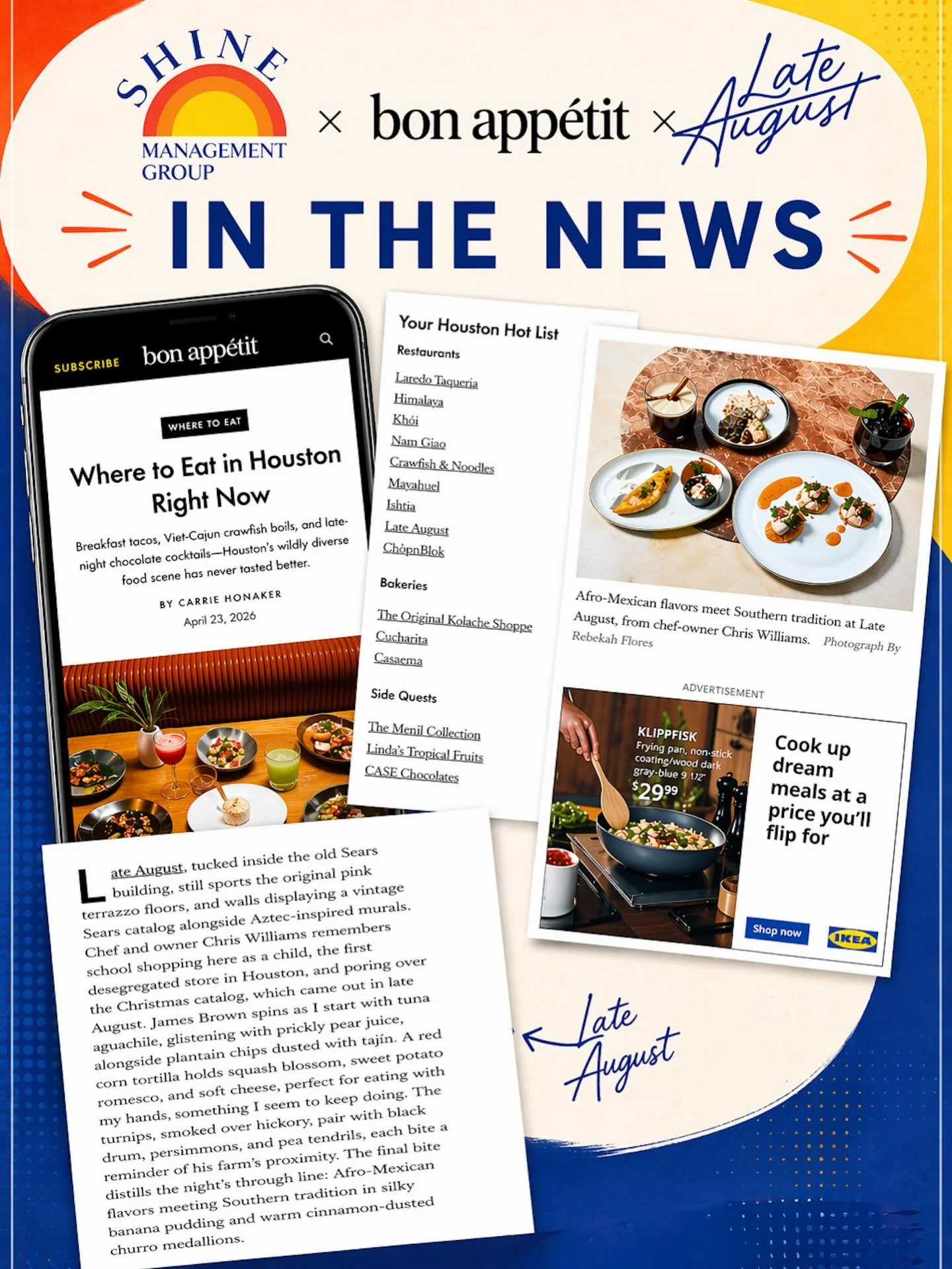 Congratulations to @lateaugusthtx for being featured in @bonappetitmag as one of the restaurants where to eat in Houston right now! 🙌

Big congrats to all the other great Houston restaurants featured as well!

@writeonhonaker