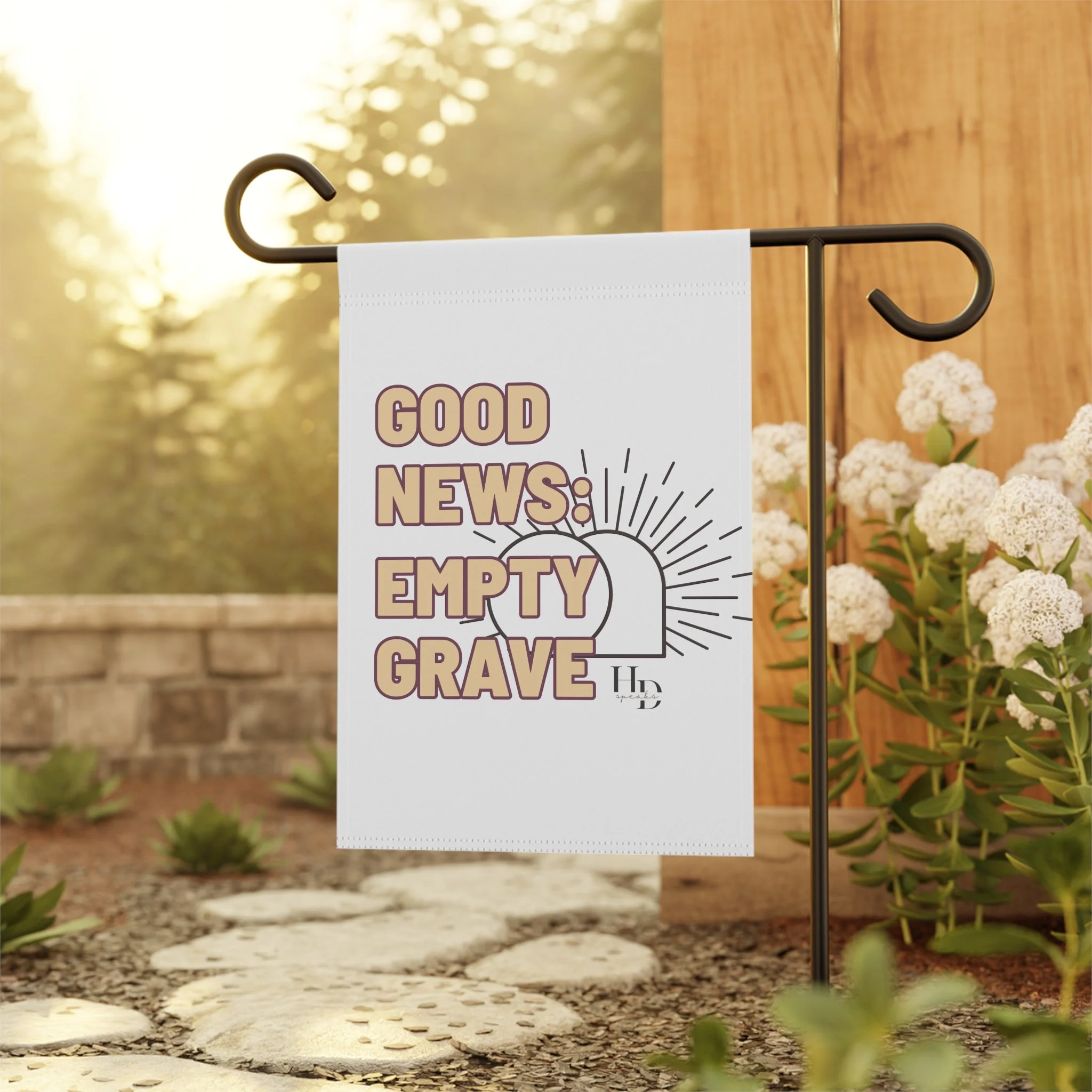 Good News Empty Grave Garden Flag — Easter Banner