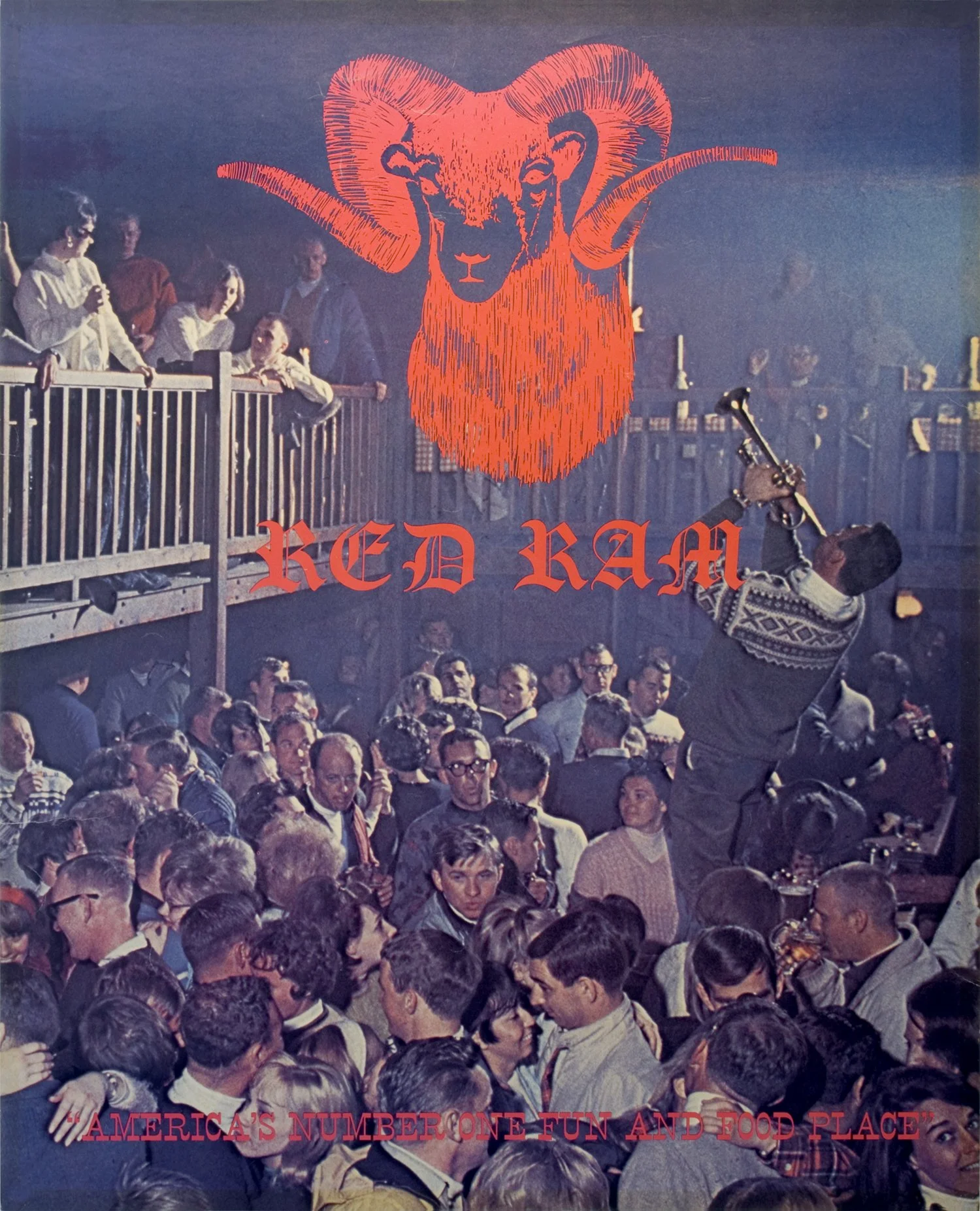 A crowded nightclub scene with a large crowd of people, a man playing a saxophone on stage, and a big ram's head graphic with the words "Red Ram" and the phrase "America's number one fun and food place" overlayed on the image.