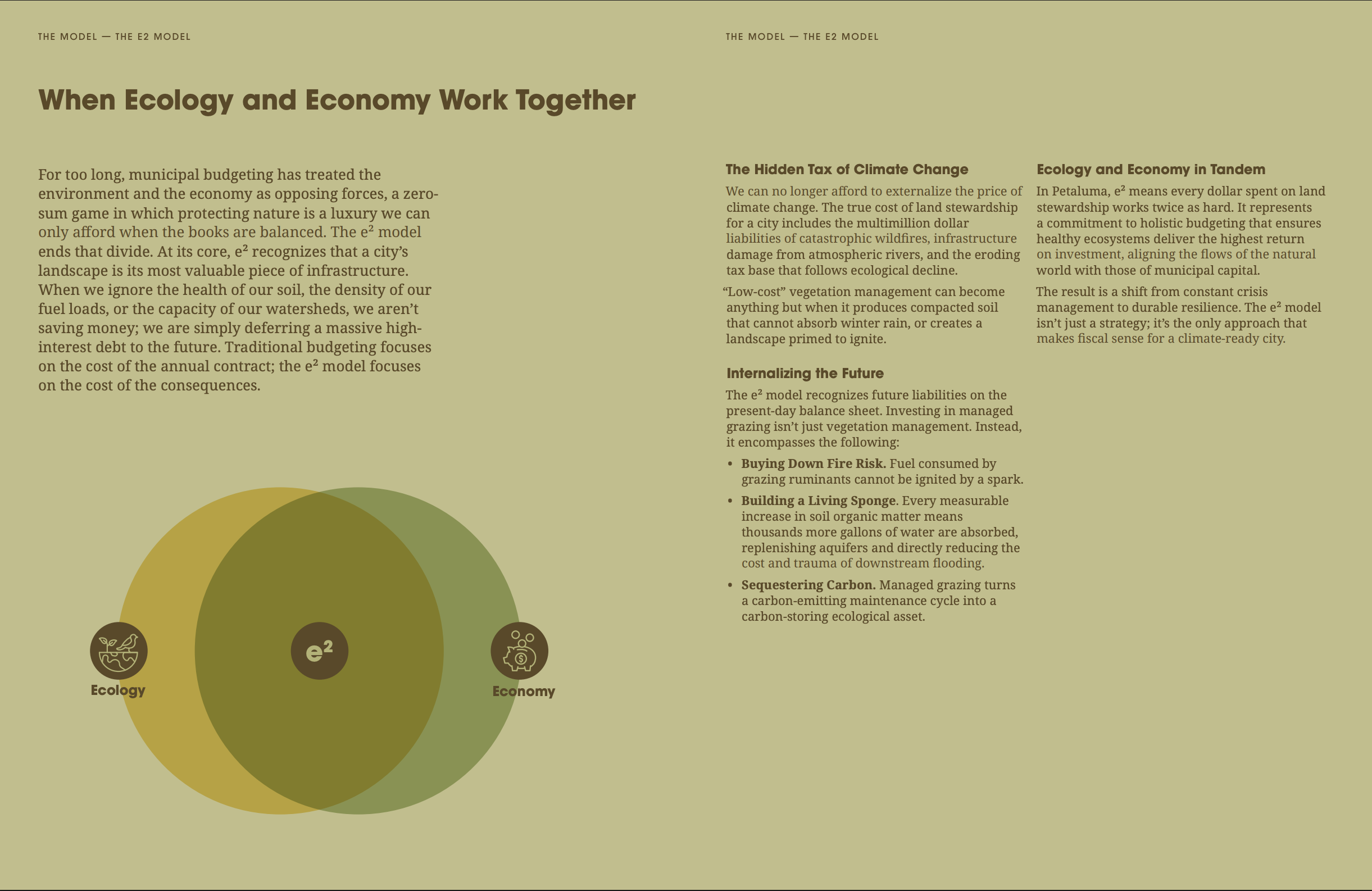 A page from a document discussing ecology and economy, highlighting the interconnectedness of ecological sustainability and economic resilience, with sections on the hidden tax of climate change, internalizing future liabilities, and the E2 model, accompanied by a Venn diagram illustrating the overlap between ecology and economy.
