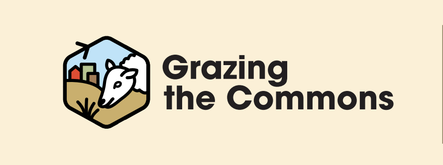 Logo for Grazing the Commons featuring a stylized image of a cow's head and a landscape background with buildings.