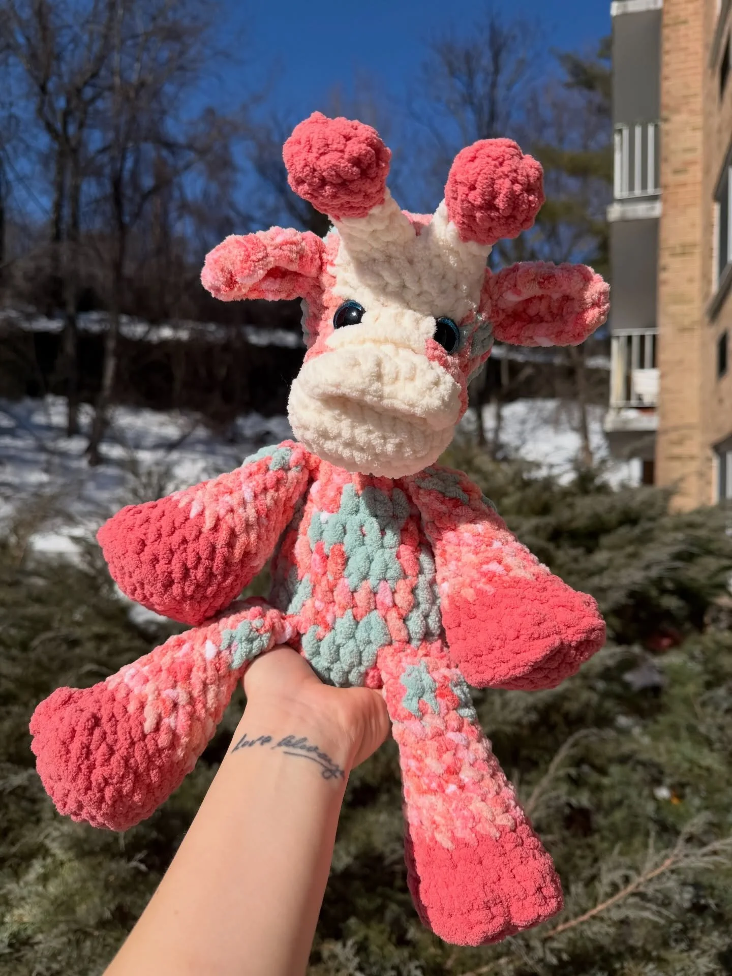 It&rsquo;s been so frigid, I haven&rsquo;t taken any pics, but sweet Giant Giraffe was begging to be shown off, so we braved the freeze. 🥶 I love her snout 🥰 and her booty. 🤭 Another super fun and creative pattern from @crochet_by_cate 🫶🏻 I&rsqu