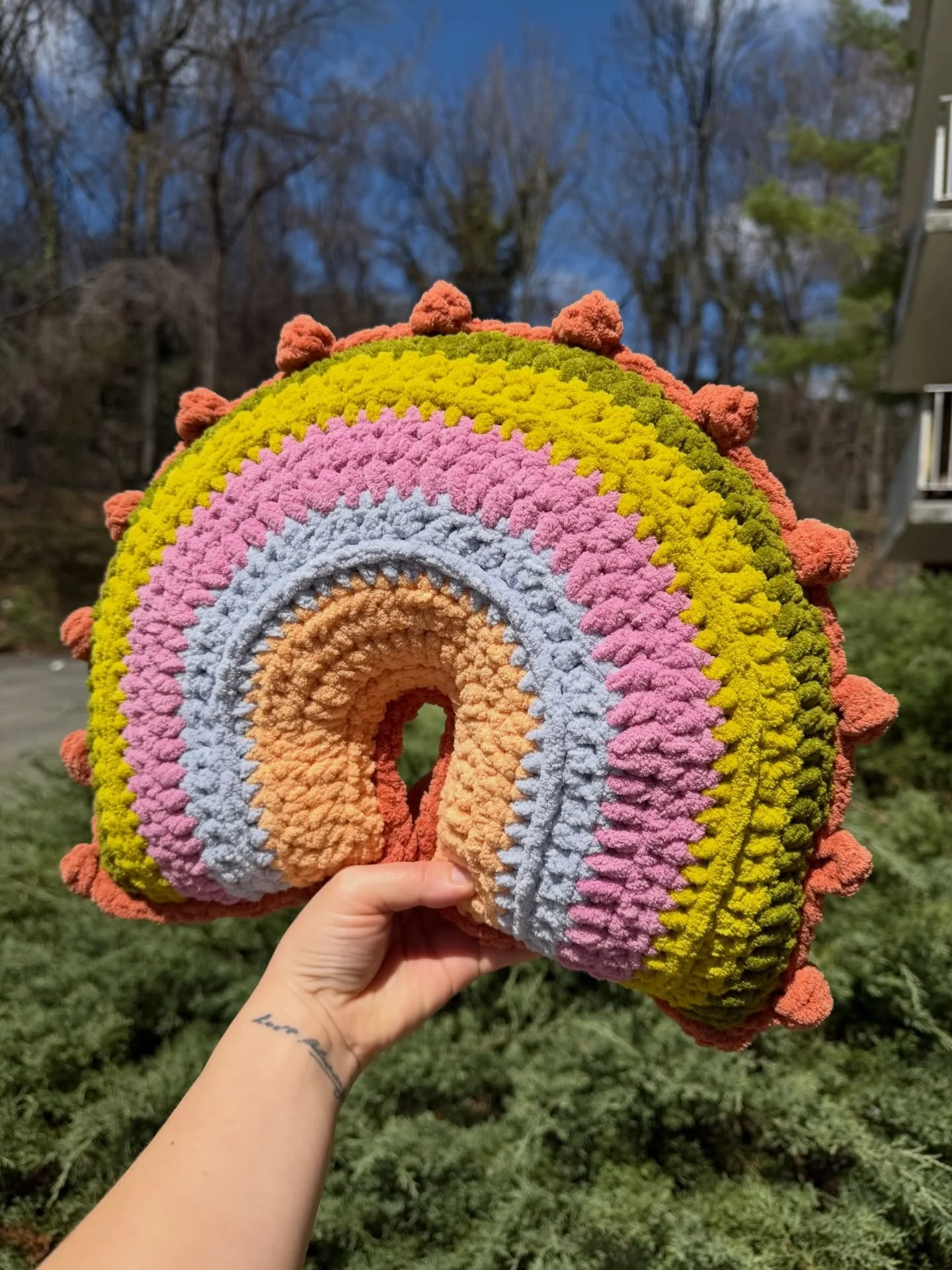 It had to be done. 

@bobblesandblooms Iris pillow with @mamamademinis @premieryarns chromatic collection. 🫶🏻

Cypress &amp; Zest are perfection. 👌🏻😍