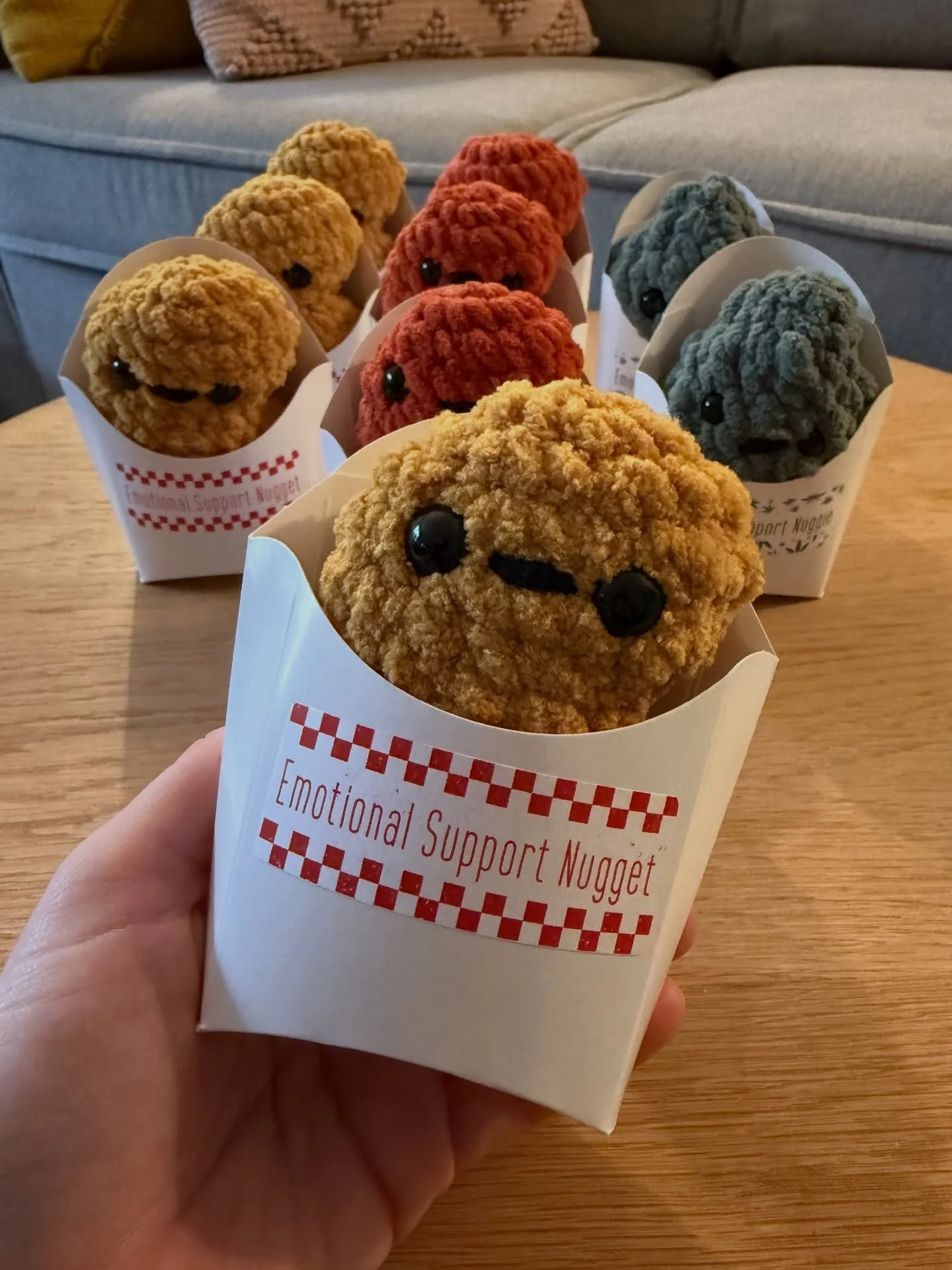 Emotional Support Nuggies: regular, spicy, and &lsquo;grown up.&rsquo; Which one do you need? 😜 

Patterns: 
Reg &amp; Spicy by @thecrochetcarpenter 🫶🏻
Grown up by me 😉