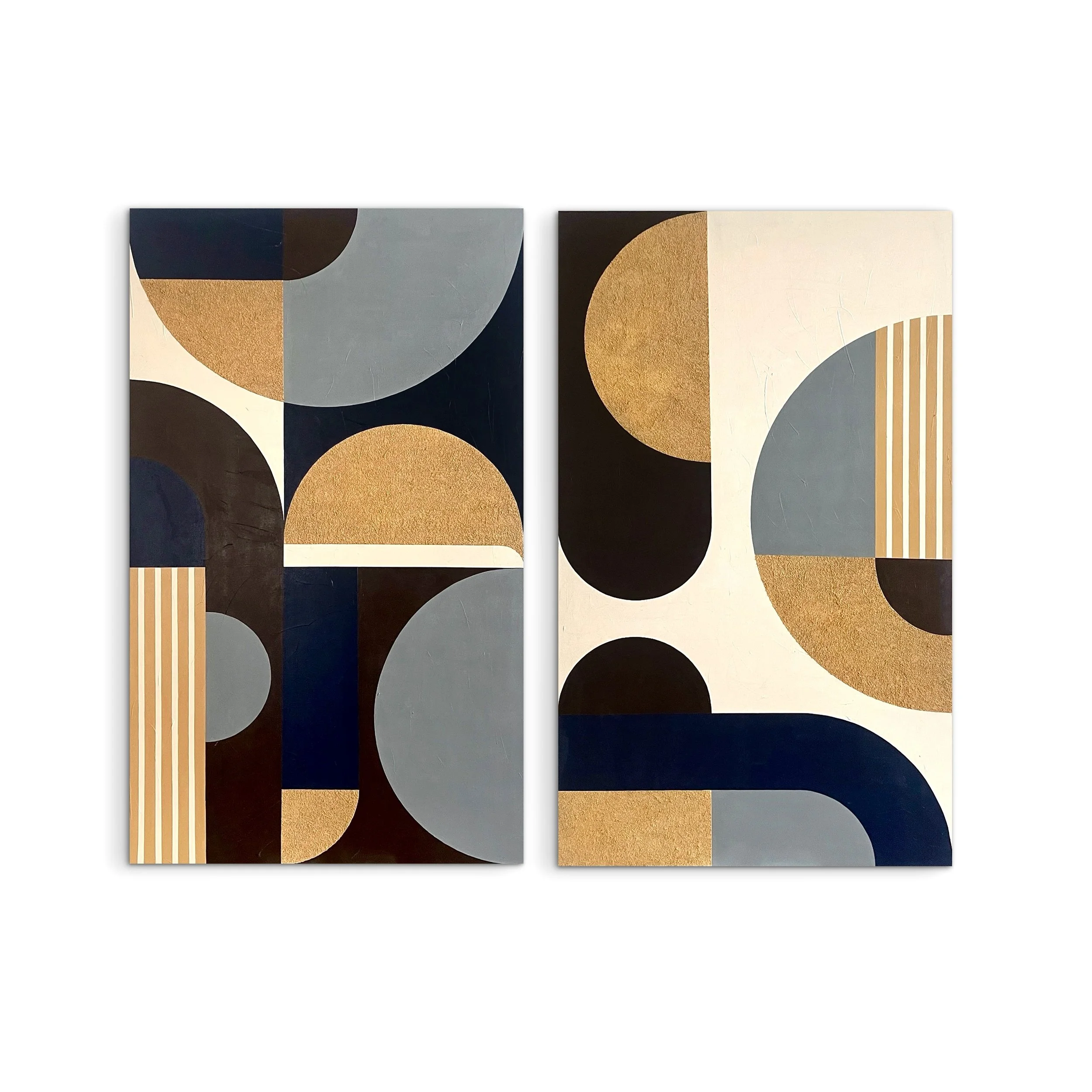 Two abstract rectangular art pieces with geometric shapes and patterns in black, gold, gray, and cream colors, featuring large semi-circles, stripes, and curves.