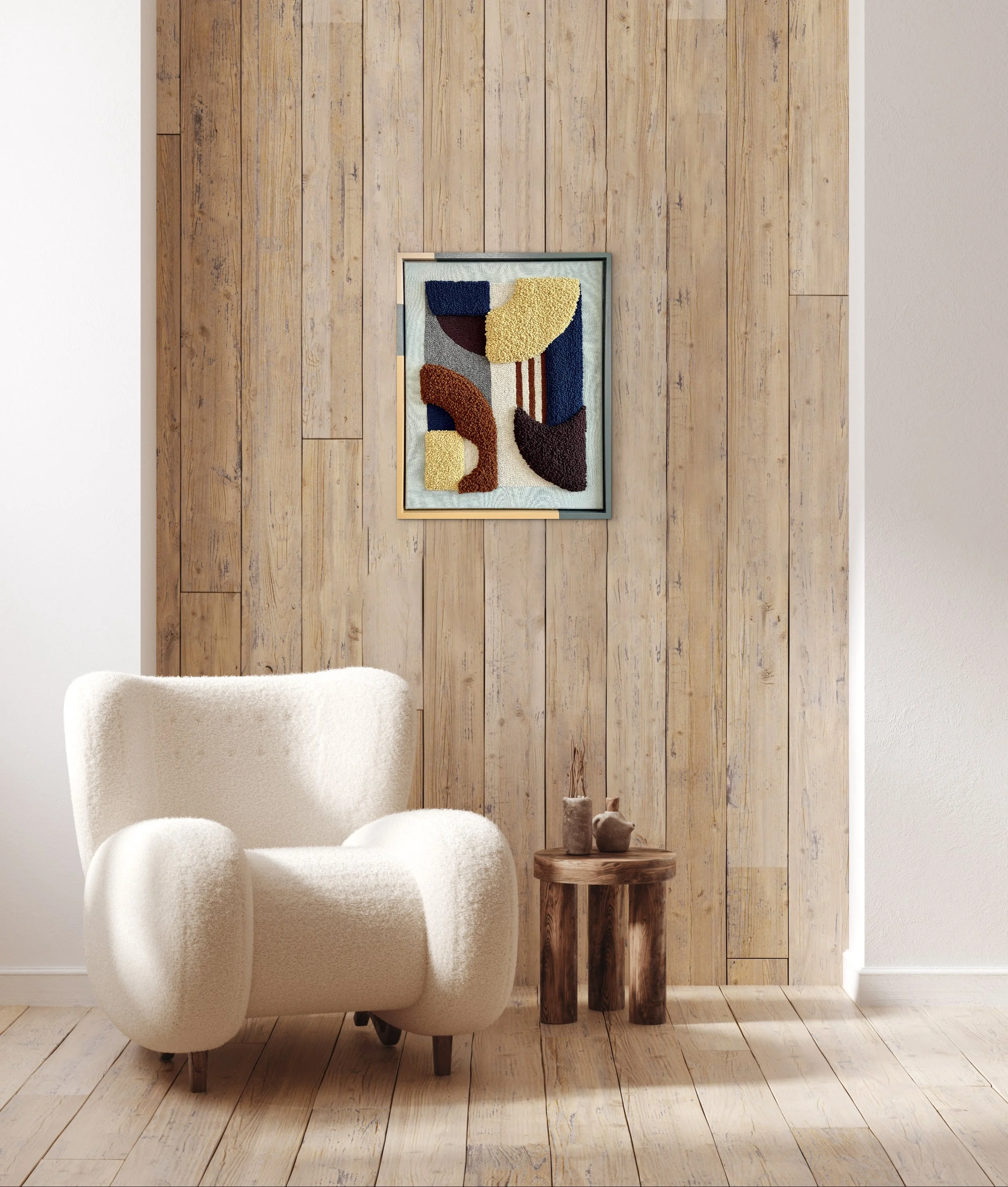 Minimalist interior with a wooden wall, a plush white chair, a wooden side table with three small decorative vases, and a colorful abstract textured art piece hanging on the wall.